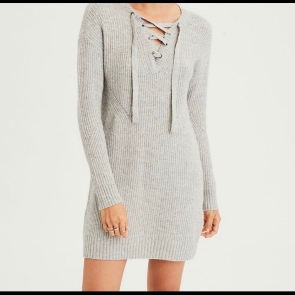 American Eagle Grey Stripe Knit Sweater Dress